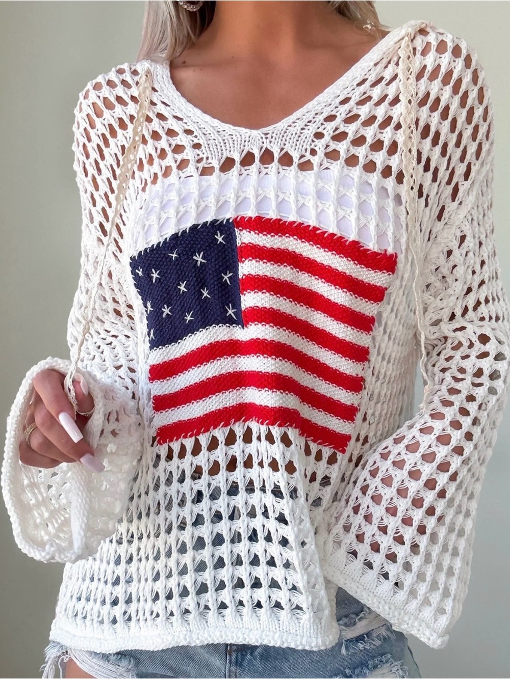POL White Crochet Pullover with American Flag Motif